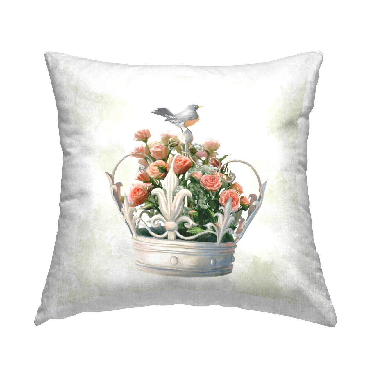 Stupell Industries Bird Perched Regal Crown Pink Rose Bouquet Throw Pillow, 18" x 18"